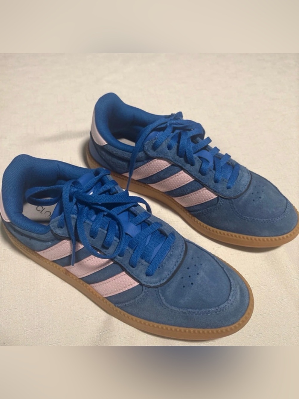 adidas Blue Suede Sneakers with Pink Stripes